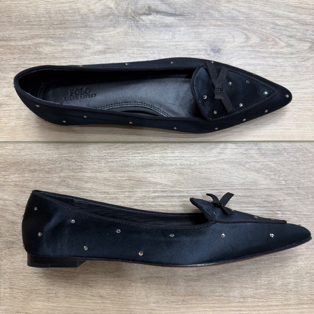 Polo Ralph Lauren‎ Black Satin Crystal Pointed Toe Bow Flats 6B Twee Luxury
